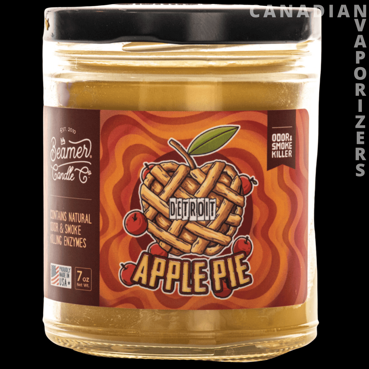 Beamer Candle Co 7oz Detroit Apple Pie Candle - Clear glass candle jar with golden wax and a bold Detroit Apple Pie label featuring a lattice-crust pie.