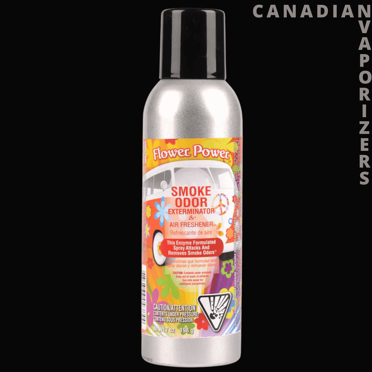 Smoke Odor 7oz Flower Power Spray - Silver 7-ounce Flower Power odor-eliminating spray can with a black cap and colorful floral label.