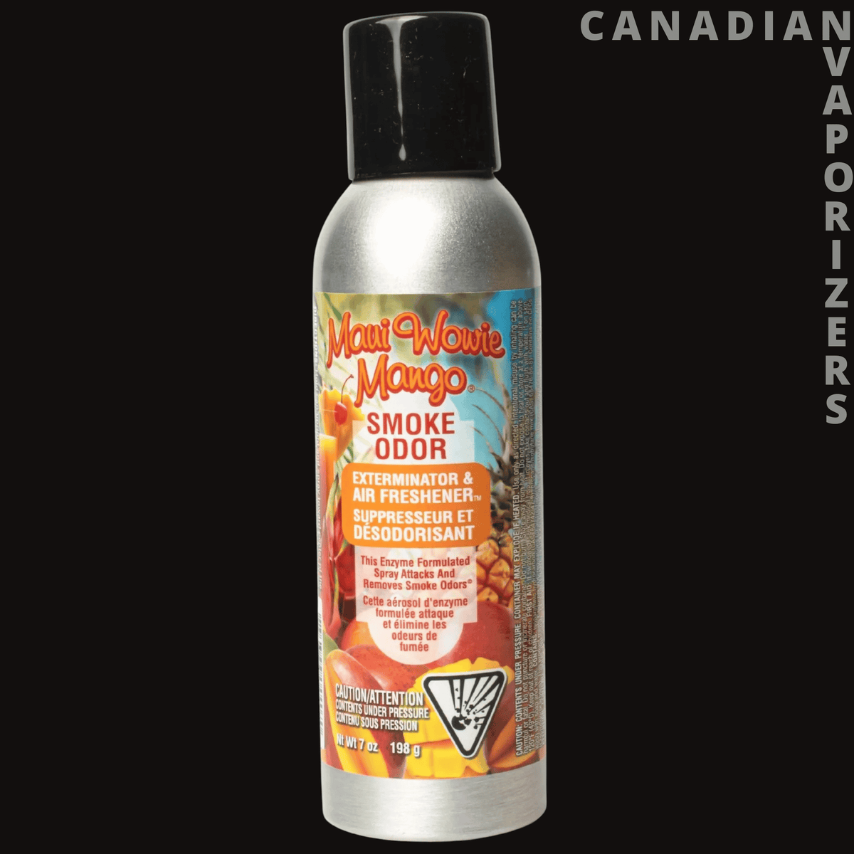 Smoke Odor 7oz Maui Wowie Mango Spray - Silver 7 oz aerosol spray can with a black cap and bright orange Maui Wowie Mango smoke odor label.