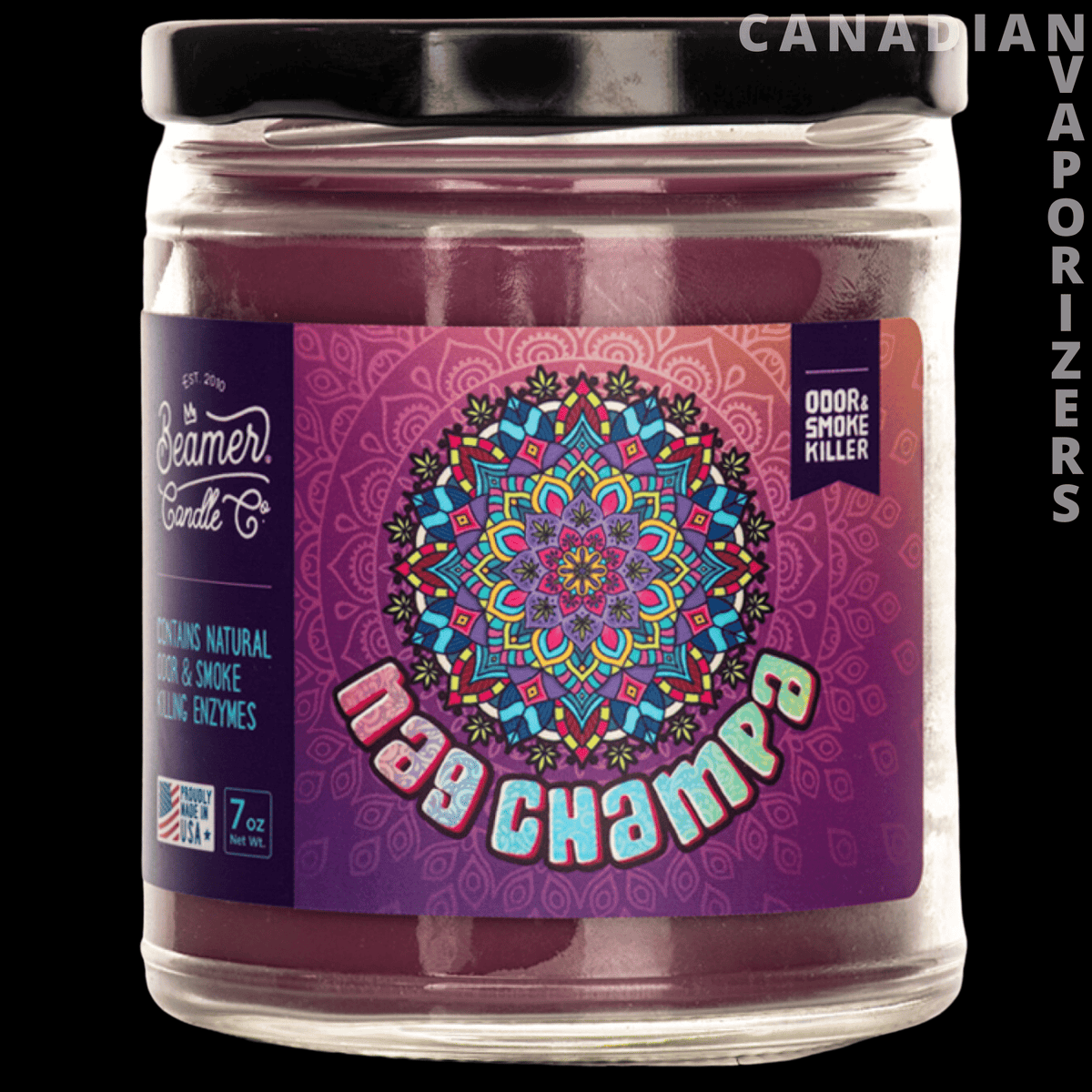 Beamer Candle Co 7oz Nag Champa Candle - Purple Nag Champa candle in a clear glass jar with a colorful mandala label and black lid.