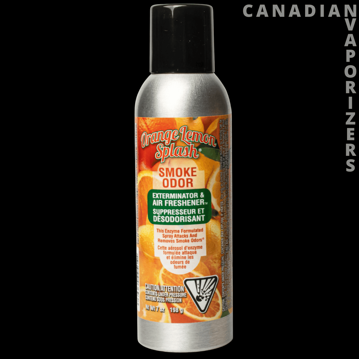 Smoke Odor 7oz Orange Lemon Splash Spray - Silver 7 oz smoke odor spray can with a black cap and bright orange lemon splash label.