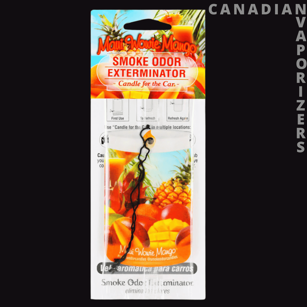 Smoke Odor Maui Wowie Mango Car Hanger - Maui Wowie Mango smoke odor car hanger in colorful orange, yellow, and green tropical packaging.
