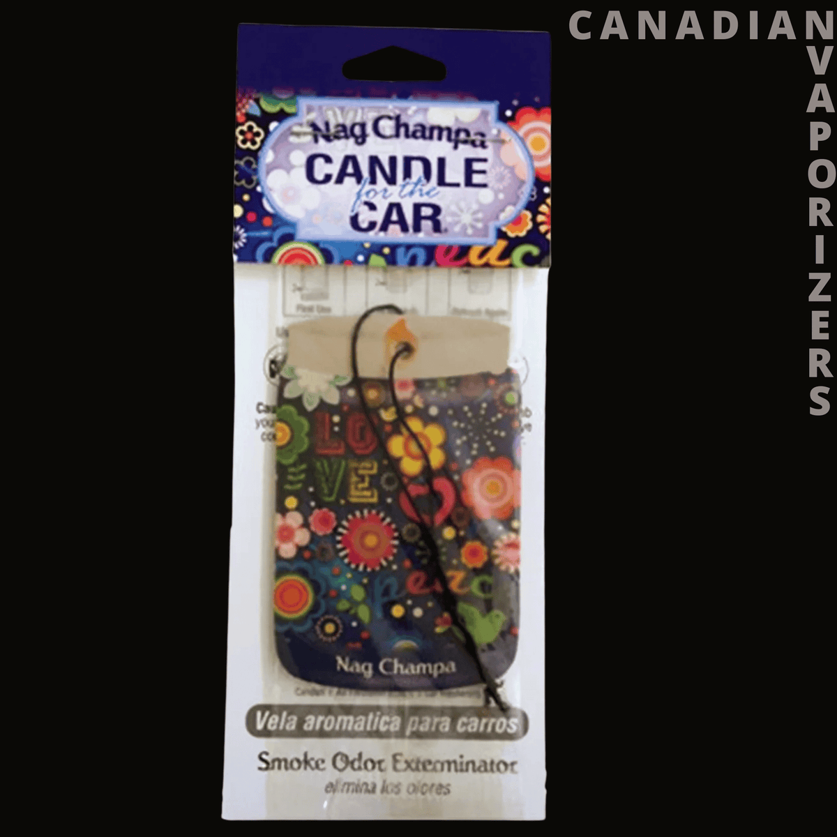 Smoke Odor Nag Champa Car Hanger - Nag Champa car air freshener hanger in colorful floral packaging, labeled smoke odor eliminator.
