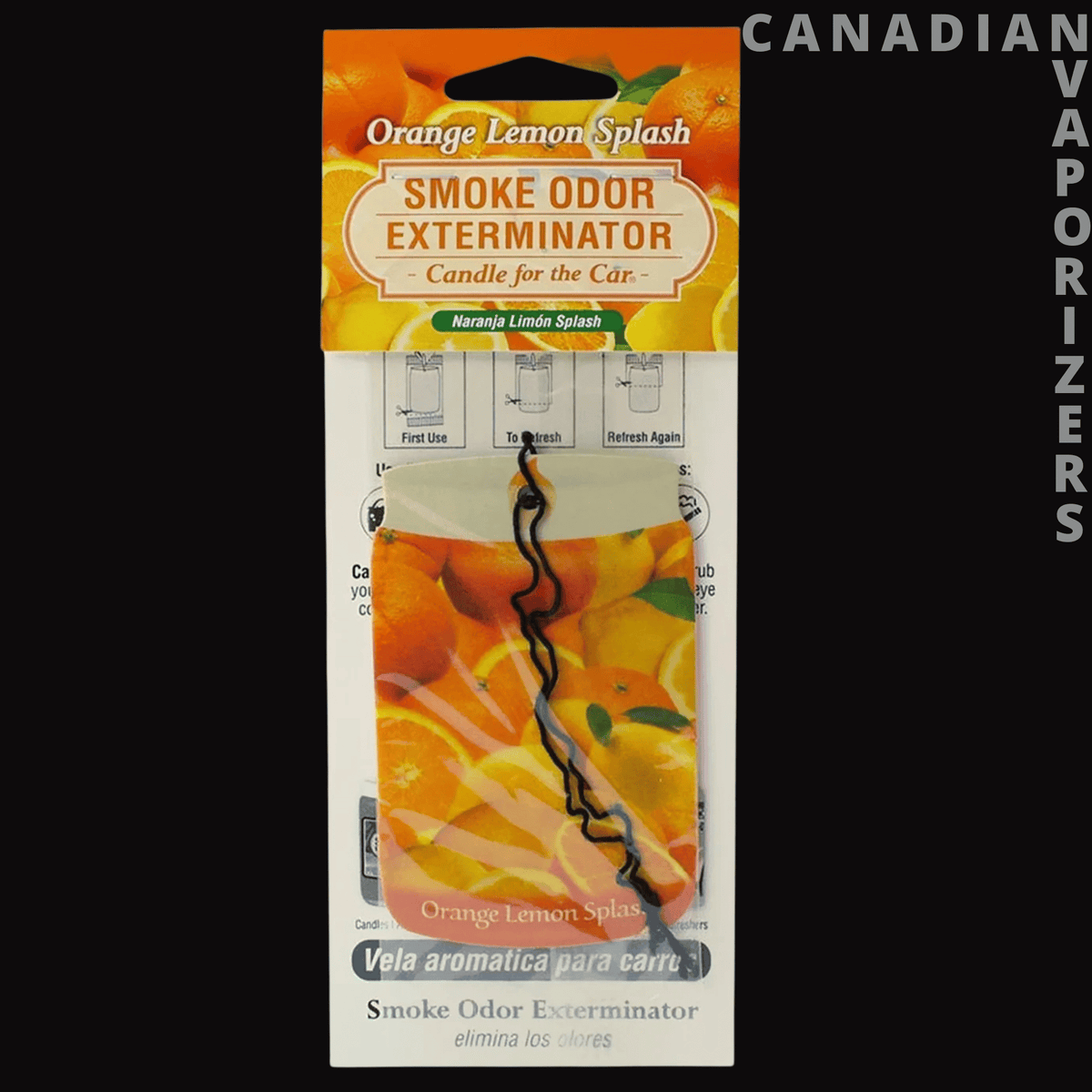 Smoke Odor Orange Lemon Splash Car Hanger - Orange and yellow Smoke Odor Eliminator car hanger package with a black hanging cord and citrus graphics.