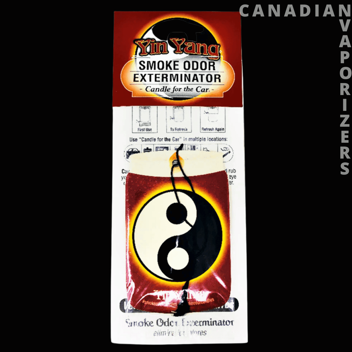 Smoke Odor Yin Yang Car Hanger - Smoke odor car hanger with a black-and-white yin yang symbol on a red and yellow background.