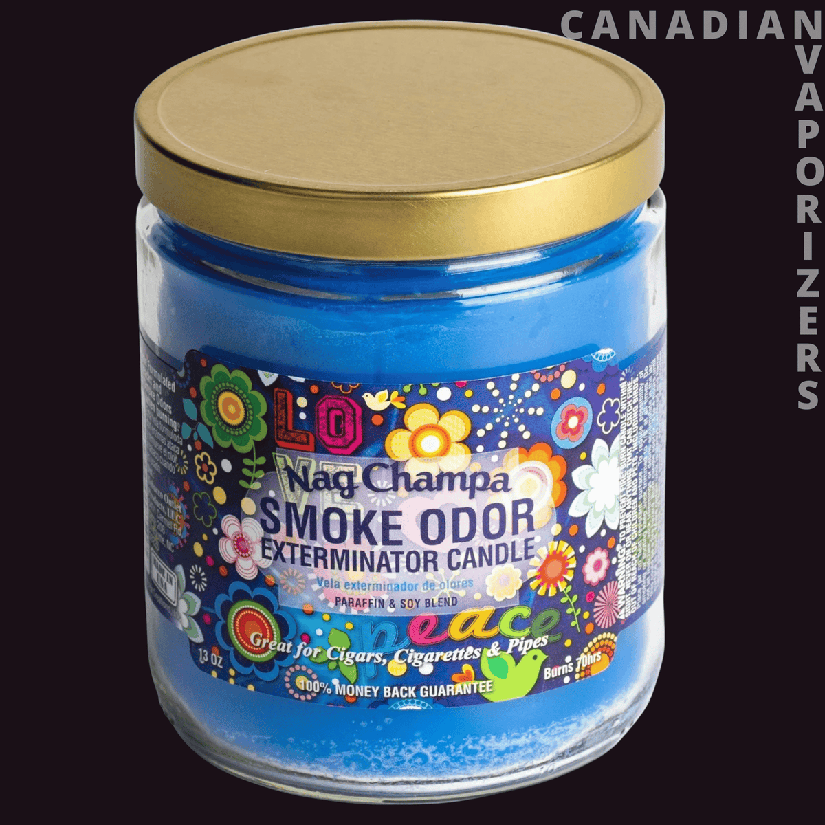 Smoke odor 13oz Nag Champa Candle - Blue glass Nag Champa smoke odor candle with a gold lid and colorful floral label.
