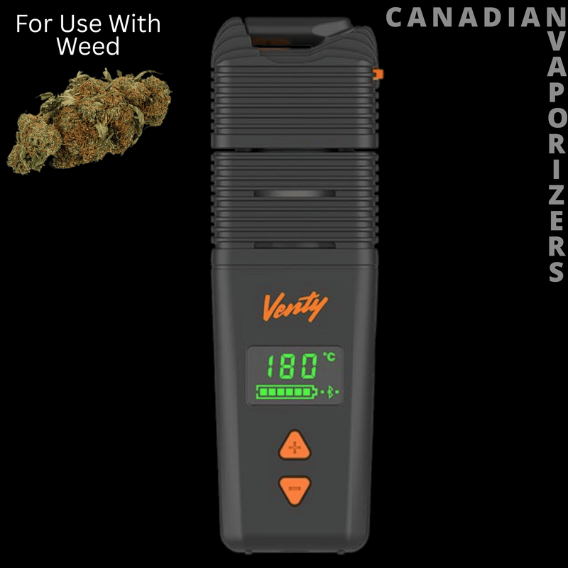 Venty Vaporizer Storz &amp; Bickel - Black Venty vaporizer with ribbed casing, orange controls, green digital display, and weed compatibility label.