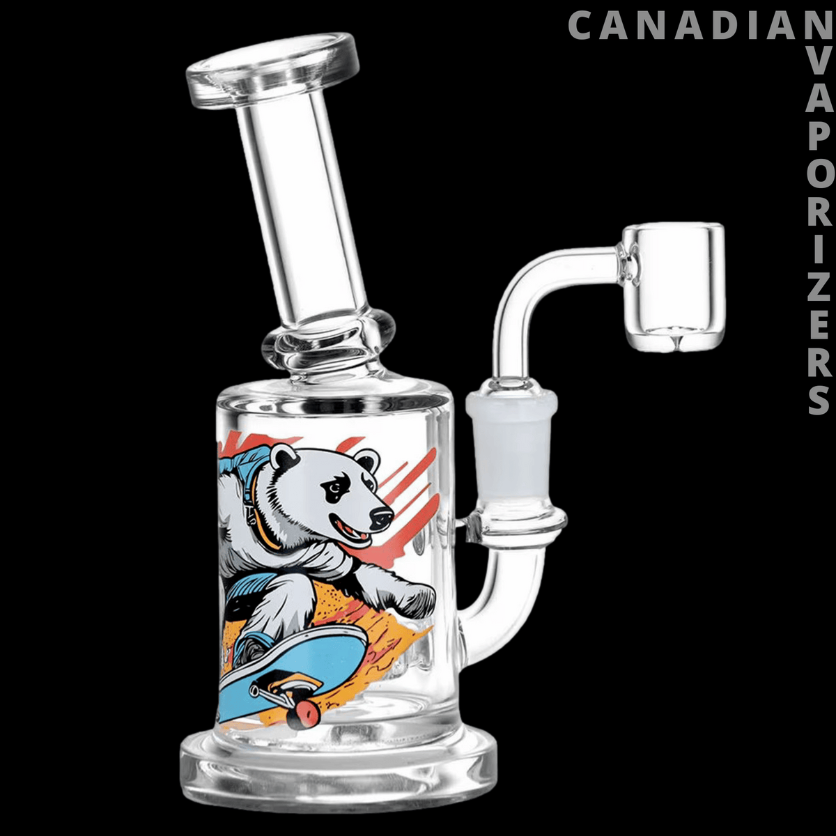 Sub-Zero Shredder Polar Bear Dab Rig – 6.25" - Compact clear glass dab rig with a polar bear graphic in blue and orange, angled neck, and quartz banger.