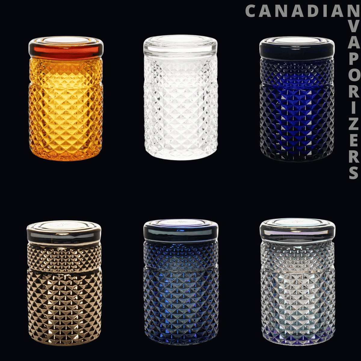 Twenties Collection Jar Wholesale Bundle - Six textured glass jars with metallic lids in amber, clear, black, gold, deep blue, and silver finishes.