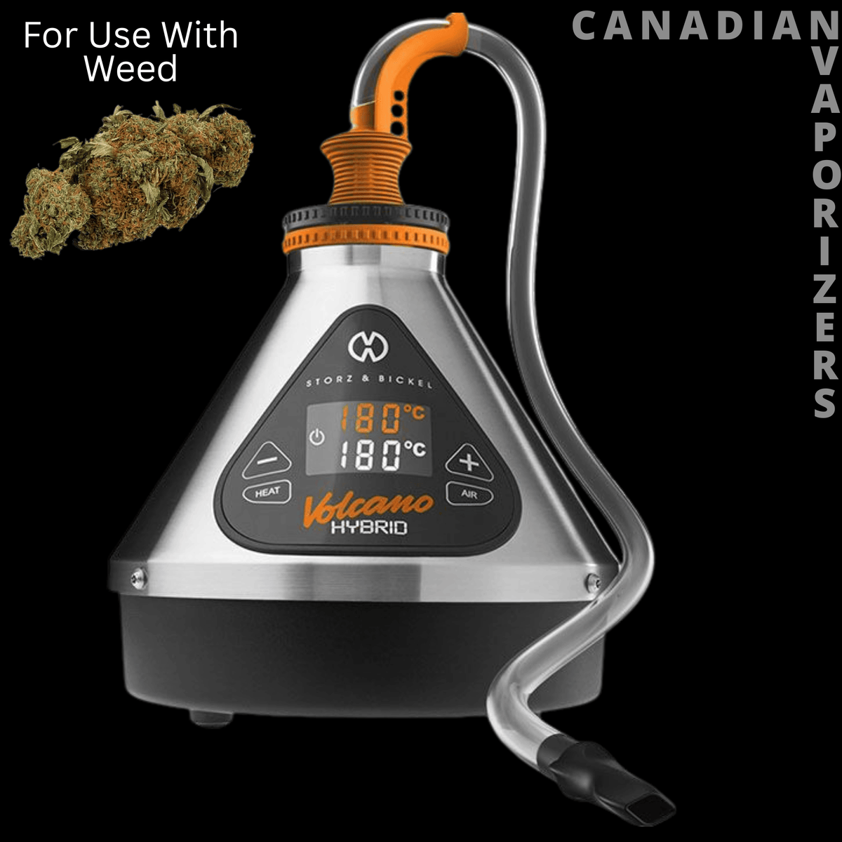 Volcano Hybrid Vaporizer Storz &amp; Bickel - Silver Volcano Hybrid vaporizer with orange accents, digital controls, and a curved vapor tube.
