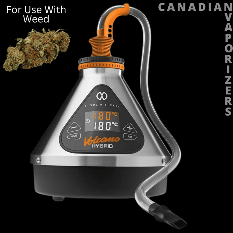 Volcano Hybrid Vaporizer Storz &amp; Bickel - Silver Volcano Hybrid vaporizer with orange accents, digital controls, and a curved vapor tube.