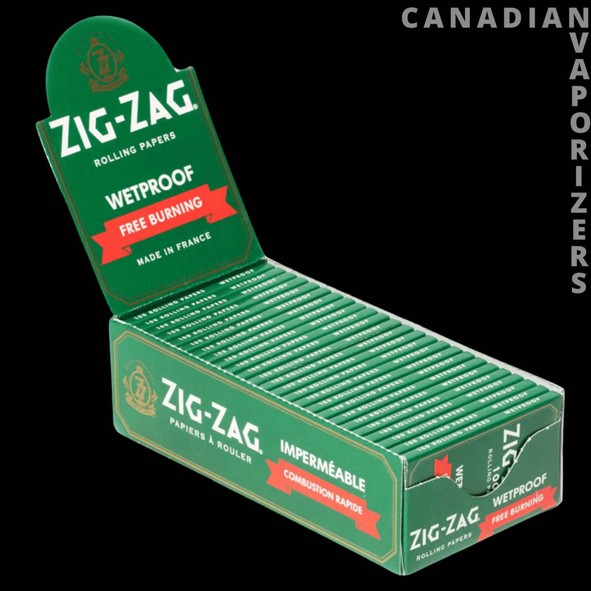 Wetproof Zig-Zag Green Papers - Open green Zig-Zag Wetproof rolling paper display box filled with slim green packs, featuring red banners and bold white.