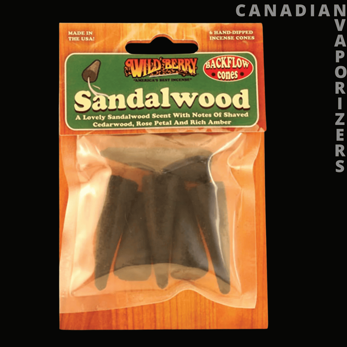 Wildberry Incense (Pack of 6) - Wildberry Sandalwood incense cones in an orange resealable pouch with a clear window, pack of six.