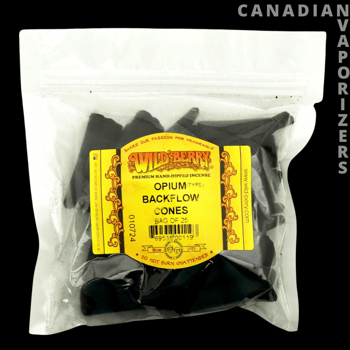 Wildberry Incense (Pack of 6) - Clear resealable pouch of black incense cones with bright yellow Wildberry Opium Backflow Cones label, pack of six.