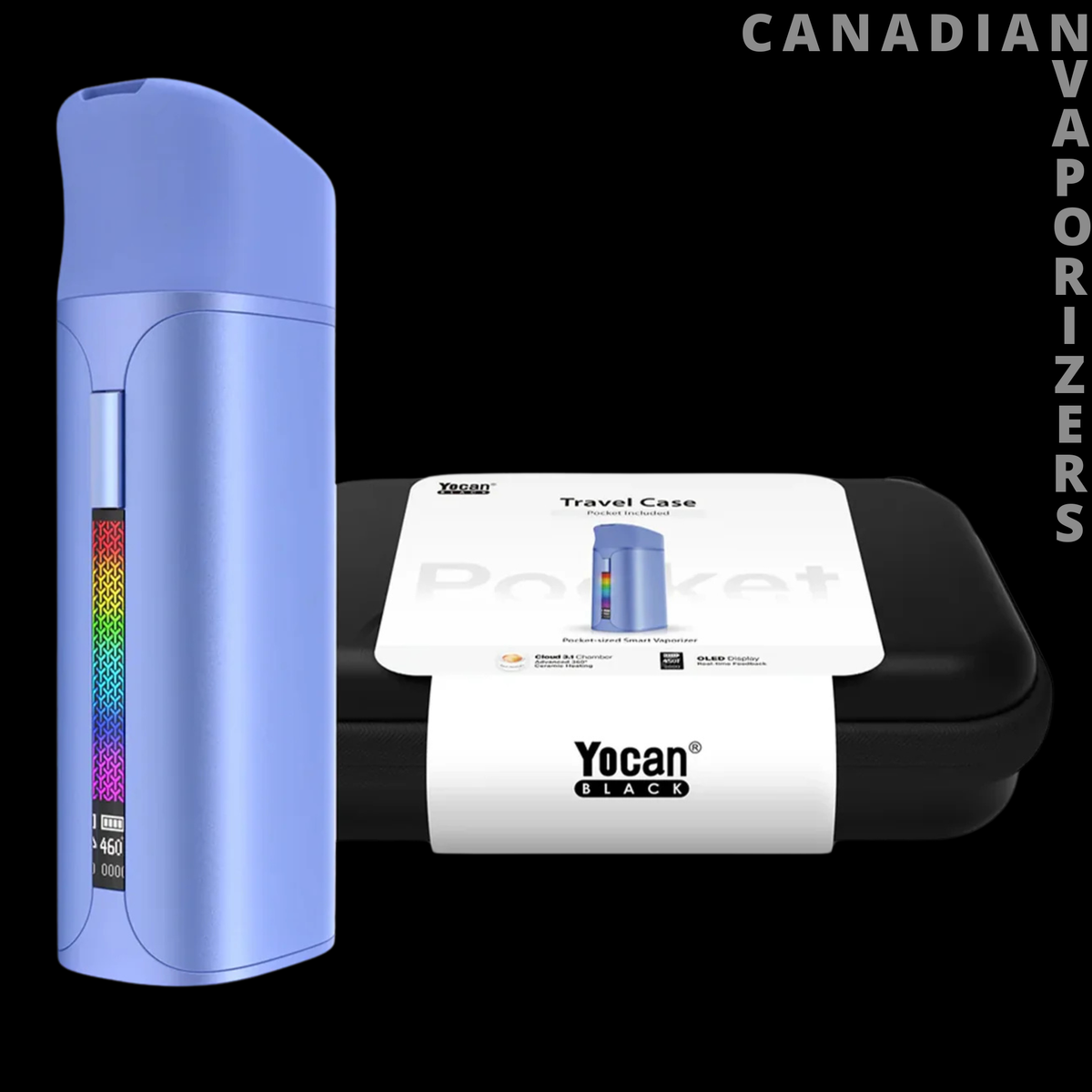 Yocan Black Pocket - Light blue Yocan Black Pocket vaporizer beside its black rounded travel case with white branded band.