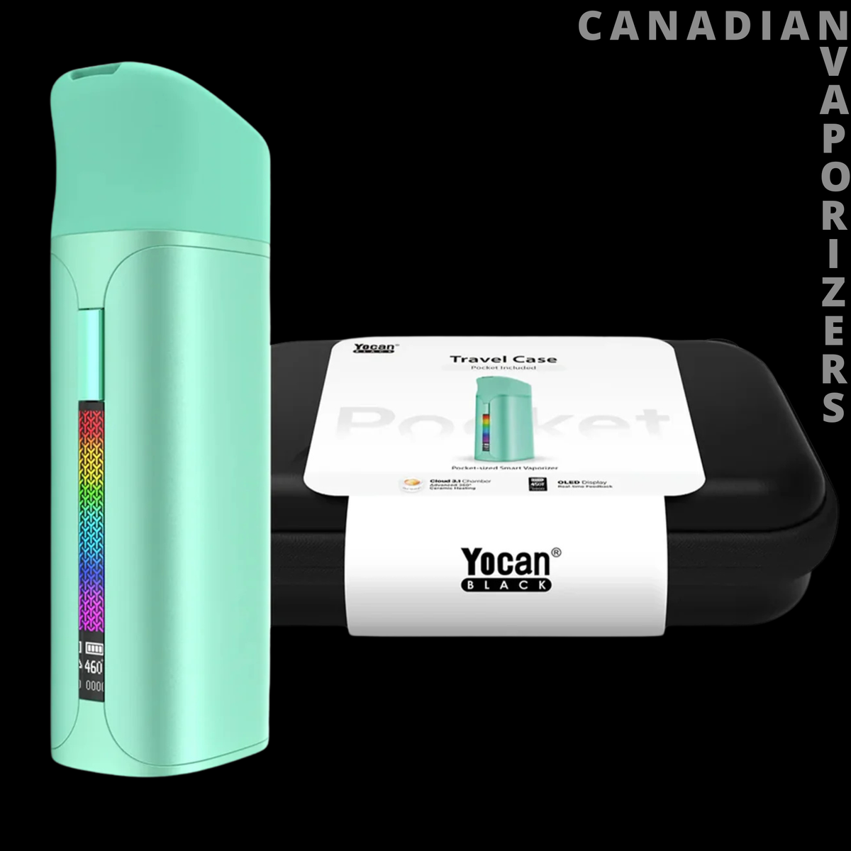 Yocan Black Pocket - Mint-green Yocan Black Pocket vaporizer beside its black case and white Yocan-branded box.