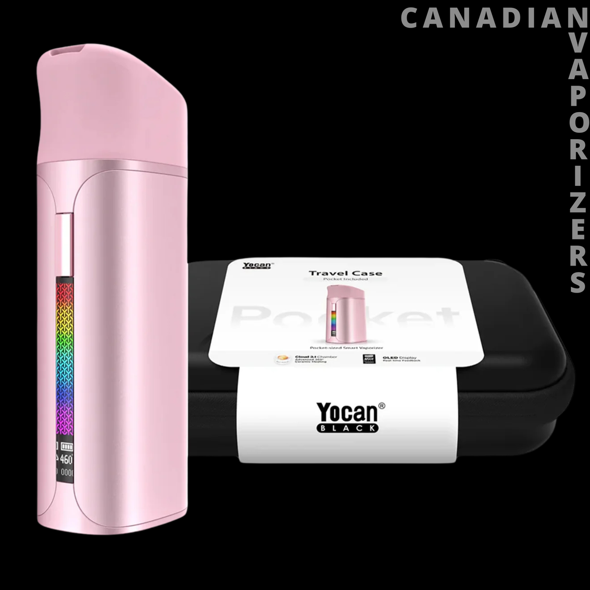 Yocan Black Pocket - Pink Yocan Black Pocket vaporizer beside its black travel case with a white Yocan label.