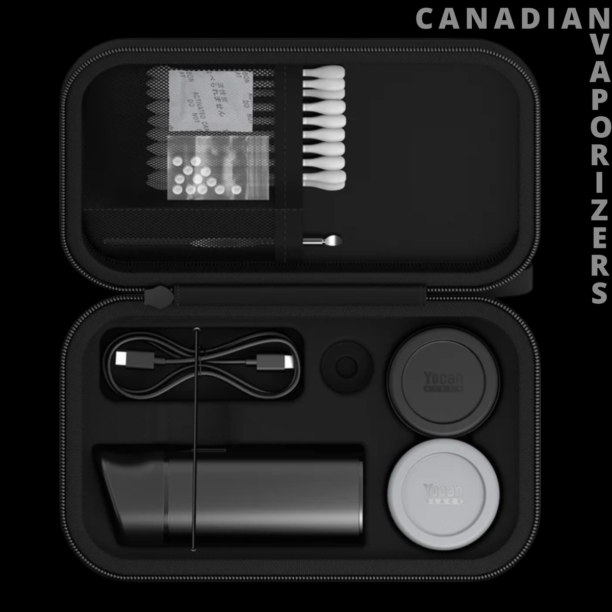 Yocan Black Pocket - Open black Yocan Pocket case with a compact vaporizer, charging cable, and round accessories in fitted compartments.