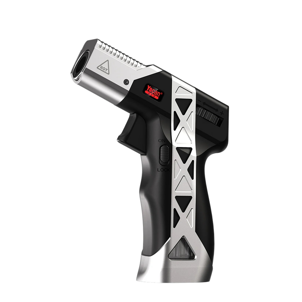 Yocan Delta Torch - Silver and black Yocan Delta Torch with a perforated barrel, red display, and sculpted handle.