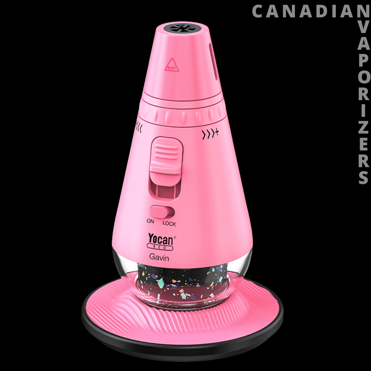 Yocan Gavin Torch - Pink Yocan Gavin torch with a tapered body, ridged controls, and a wide circular base.