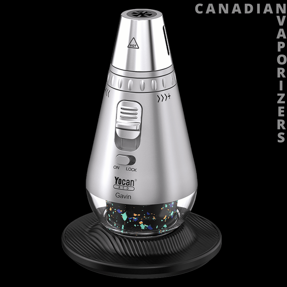 Yocan Gavin Torch - Silver cone-shaped Yocan Gavin torch with a safety switch and a glitter-filled base on a black stand.