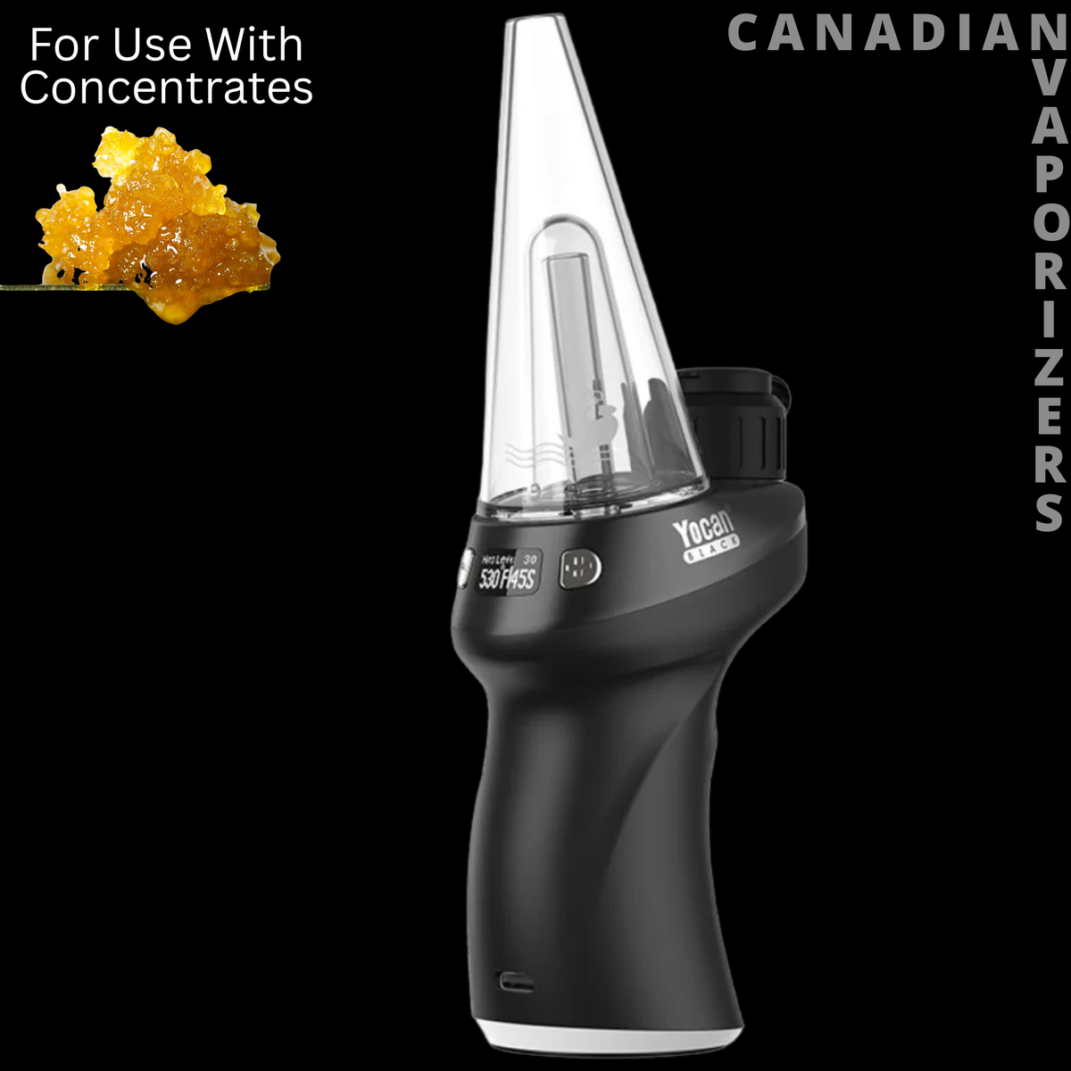 Yocan Black Phaser Max 2 - Black Yocan Black Phaser Max 2 vaporizer with a clear conical chamber and curved ergonomic grip.