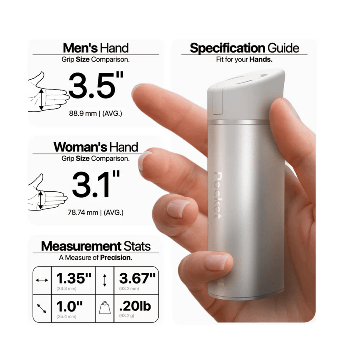 Yocan Black Pocket - Silver Yocan Black Pocket device with a smooth cylindrical body, held beside hand-size and measurement guides.