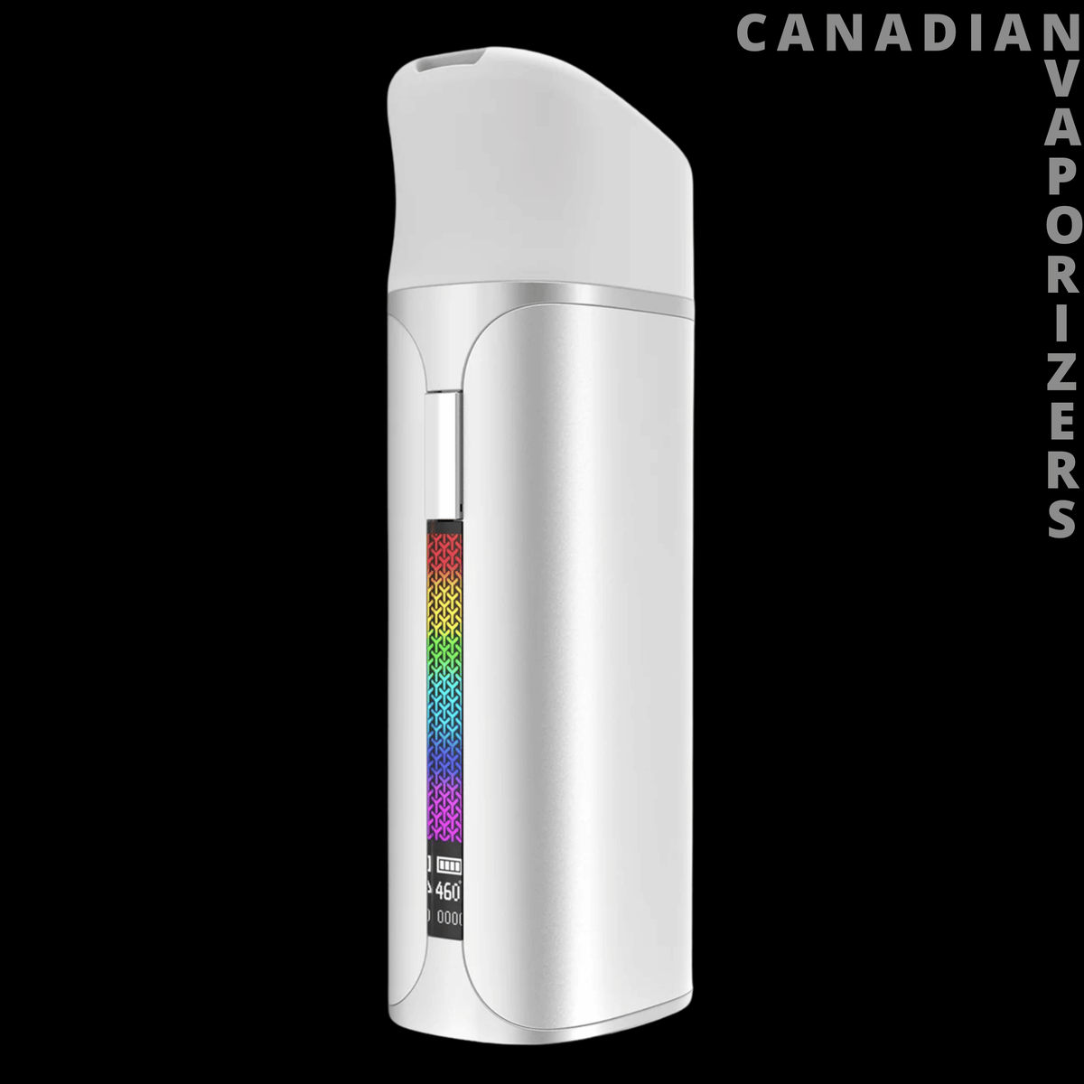 Yocan Black Pocket - Slim silver Yocan Black Pocket vaporizer with a curved white mouthpiece and rainbow-colored display.