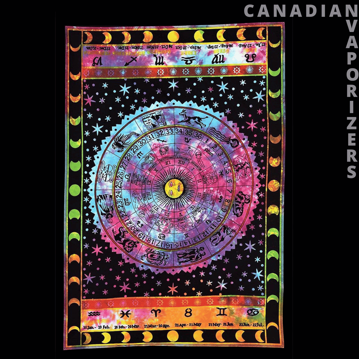 Celestial &amp; Psychedelic Tapestry - Celestial tapestry with a colorful zodiac wheel, starry black background, and moon phase border.