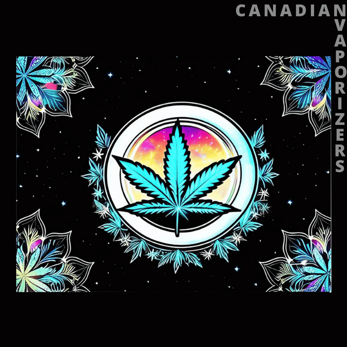 Celestial &amp; Psychedelic Tapestry - Black tapestry with a vivid turquoise cannabis leaf in a white circular mandala, framed by colorful floral corner designs.
