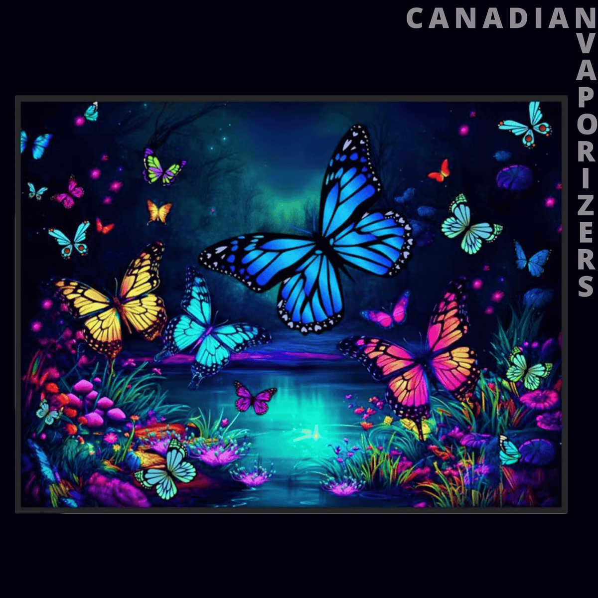 Celestial &amp; Psychedelic Tapestry - Blacklight-style tapestry with vivid blue butterflies, glowing flowers, and a turquoise pond against a dark celestial.