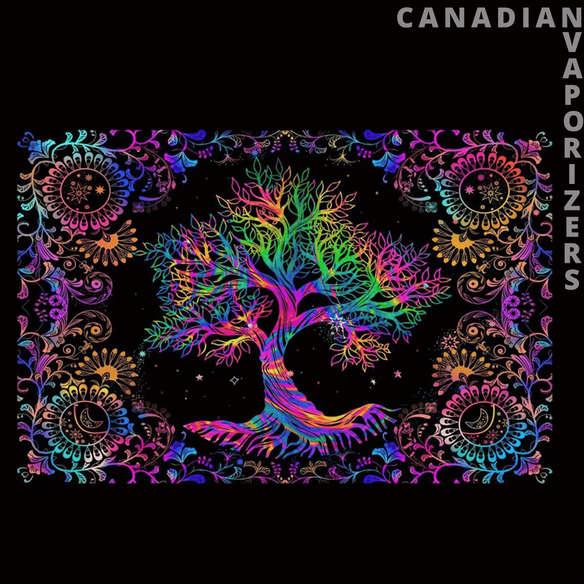 Celestial &amp; Psychedelic Tapestry - Black tapestry with a vivid neon rainbow tree, heart-shaped canopy, and ornate celestial floral borders.