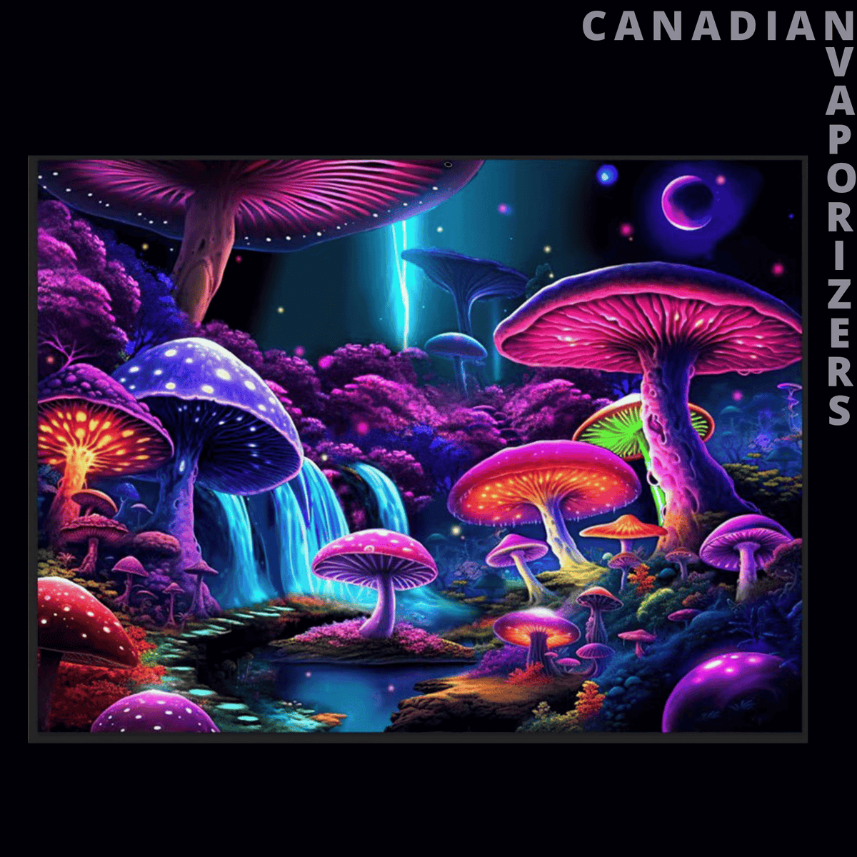 Celestial &amp; Psychedelic Tapestry - Vibrant psychedelic tapestry featuring glowing pink and purple mushrooms, a starry forest, and a luminous stream.