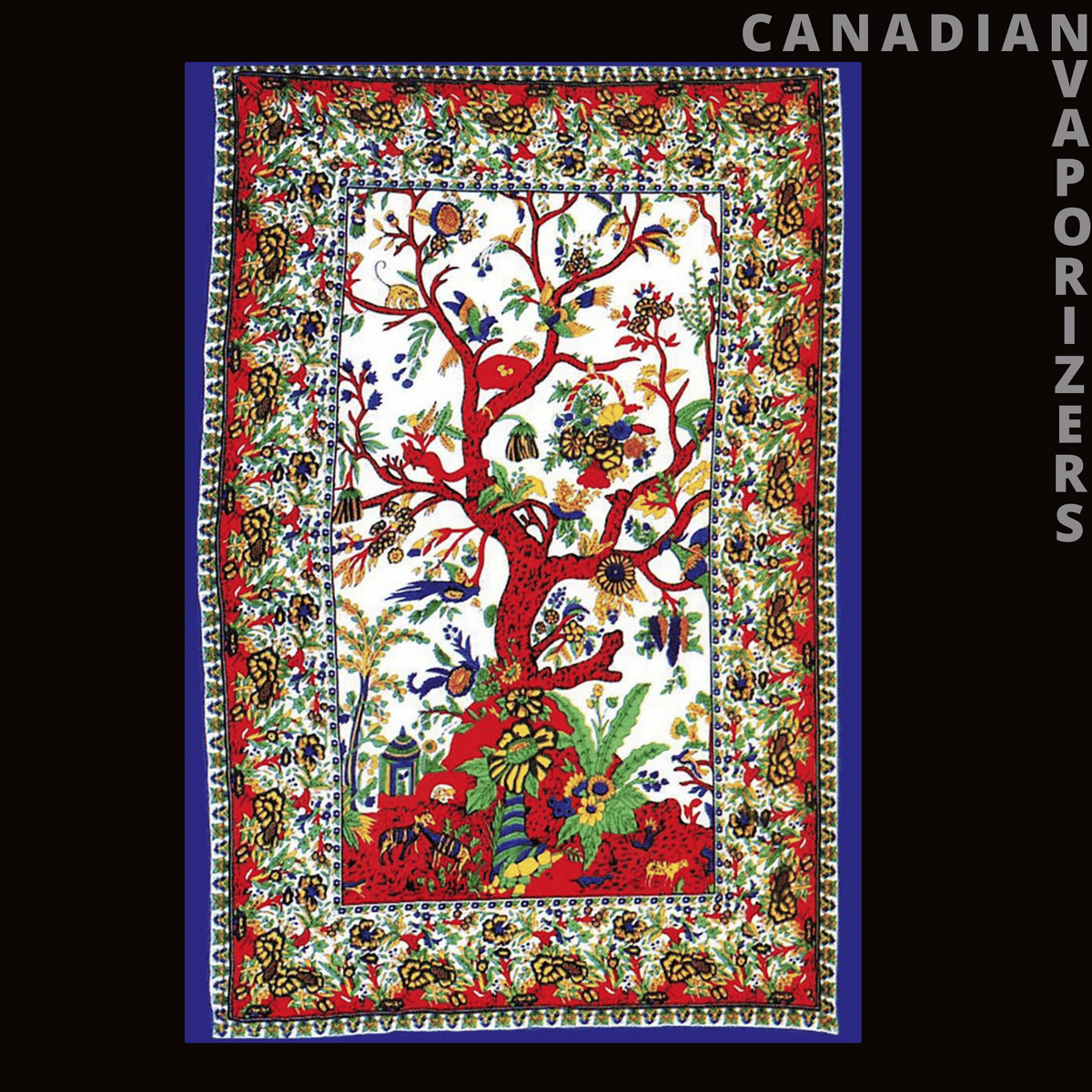 Celestial &amp; Psychedelic Tapestry - Colorful tapestry featuring a red-and-green tree of life, birds, flowers, and an ornate floral border.