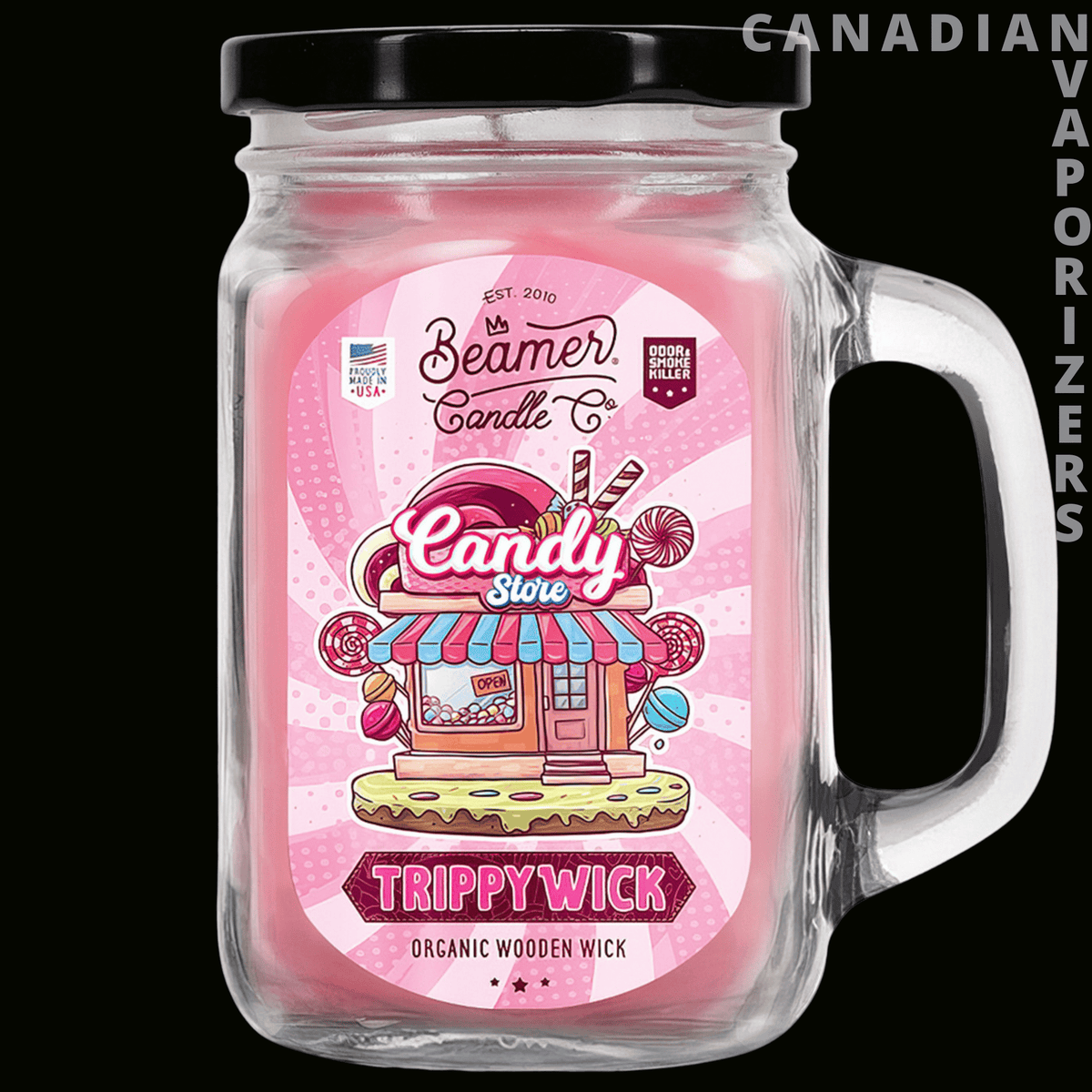 Beamer Candle Co Smoke Odor Exterminator 12oz Candle - Pink Beamer Candle Co Candy Shop candle in a clear handled mug jar with a black lid and Tripywick label.