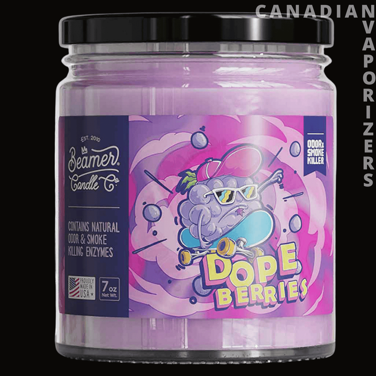Beamer Candle Co Smoke Odor Exterminator 7oz Candle - 7 oz Beamer candle in a clear glass jar with a black lid and colorful Dope Berries label.