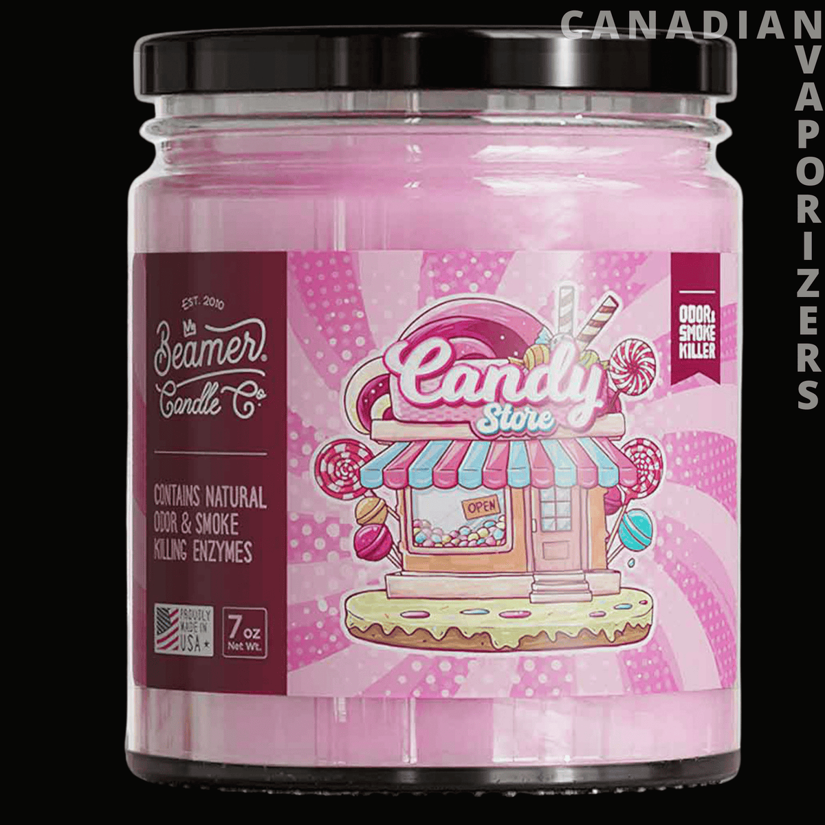 Beamer Candle Co Smoke Odor Exterminator 7oz Candle - Pink Candy Shop smoke odor candle in a clear glass jar with a black lid and colorful storefront label.