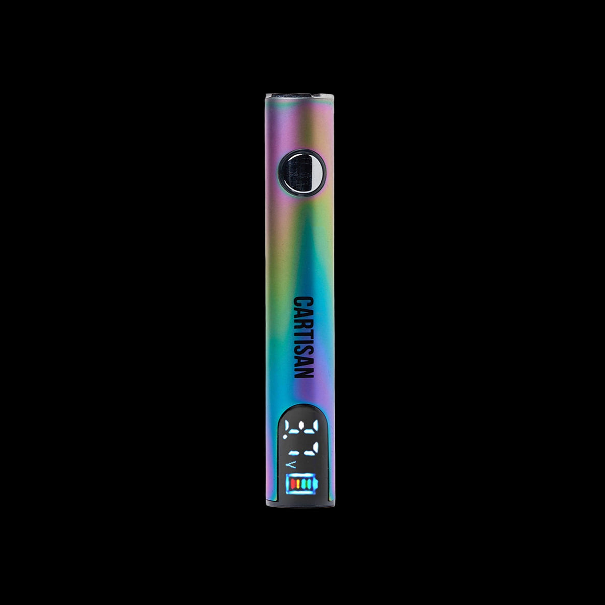 Cartisan Pro Pen NEO 400 510 Battery - Slim rainbow-iridescent 510 battery with a round power button and small digital display.