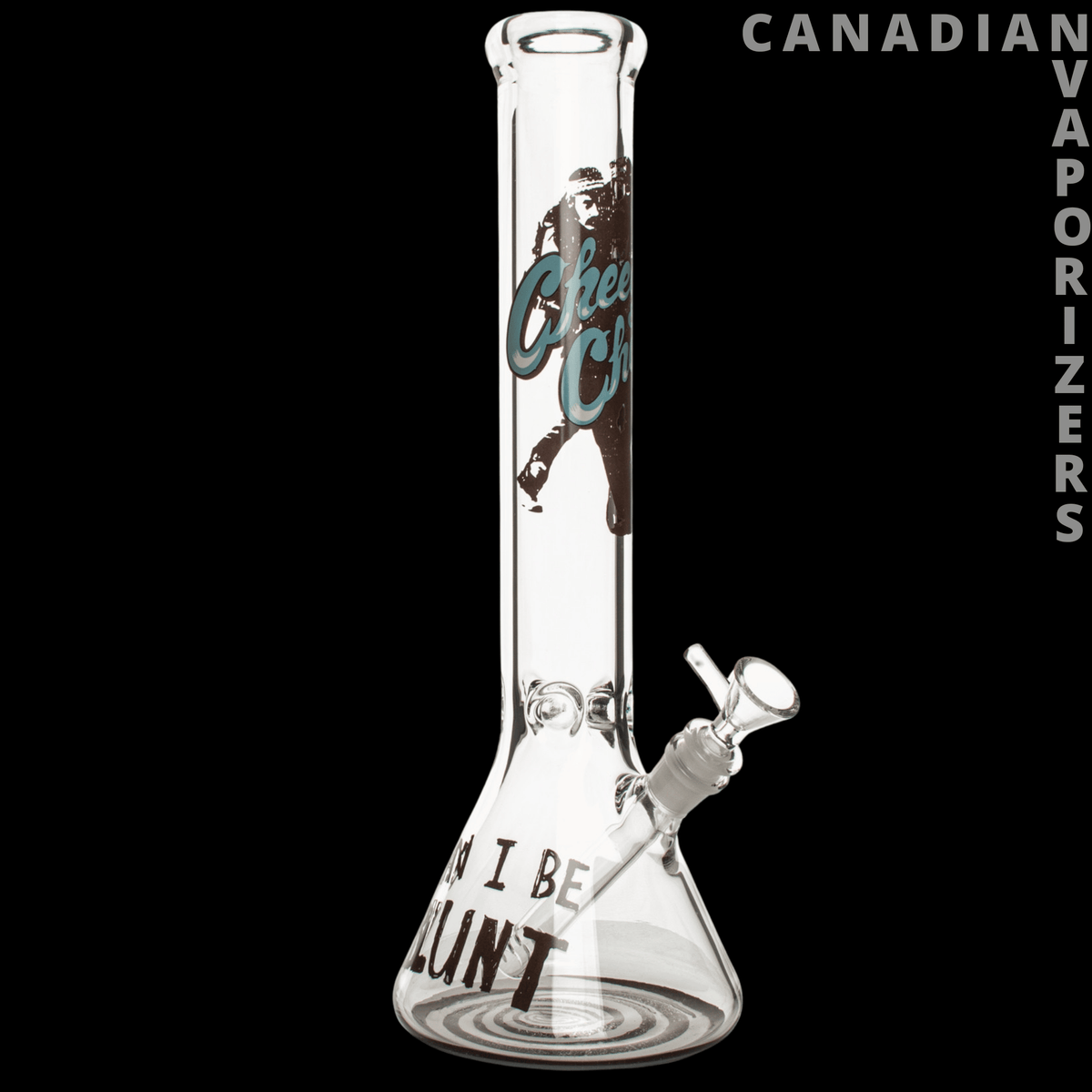 Cheech &amp; Chong 15" 7mm Thick Can I Be Blunt Beaker Base Water Pipe - Clear glass beaker water pipe with Cheech &amp; Chong artwork, angled side bowl, and bold “I Be Blunt” lettering.