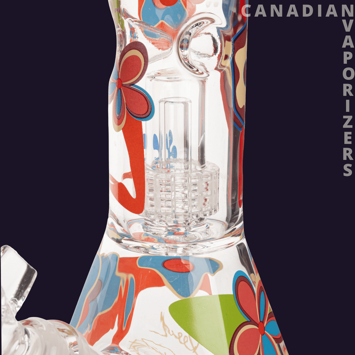 Cheech &amp; Chong Glass 15" Power to the Flower Dual Chamber Hex Beaker Base Water Pipe - Clear glass water pipe with a hexagonal chamber, colorful floral and abstract accents, and a perforated percolator.