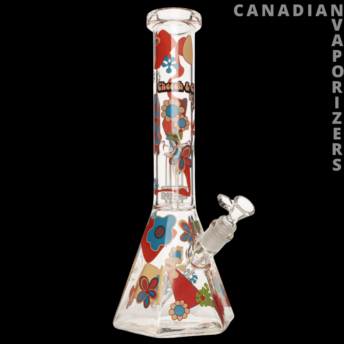 Cheech &amp; Chong Glass 15" Power to the Flower Dual Chamber Hex Beaker Base Water Pipe - 15-inch clear glass beaker water pipe with dual chambers, colorful floral artwork, and angled side joint.