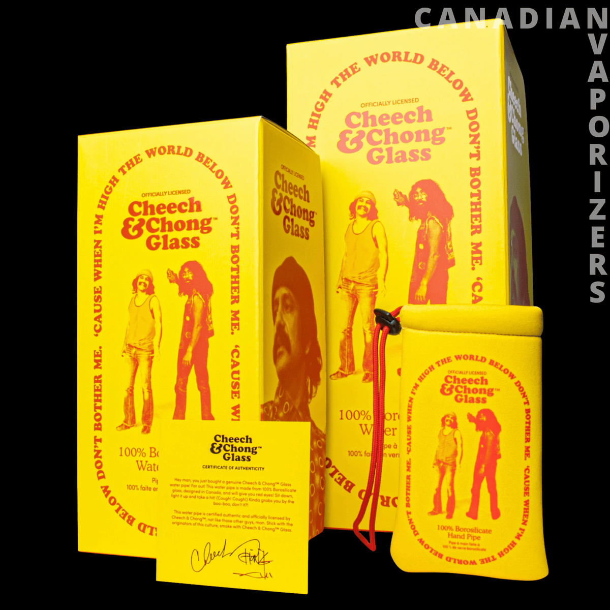 Cheech &amp; Chong Glass 15" Power to the Flower Dual Chamber Hex Beaker Base Water Pipe - Yellow Cheech &amp; Chong glass packaging with red character artwork and a matching branded pouch.