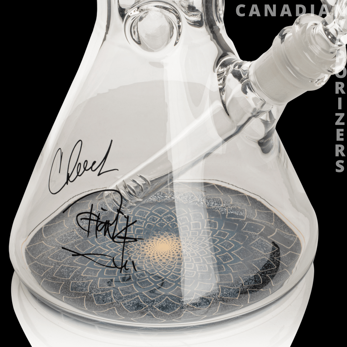 Cheech &amp; Chongs 10" Fibonacci Beaker Base Water Pipe - Clear glass beaker water pipe with angled joint, signed Cheech &amp; Chong graphic, and patterned circular base.