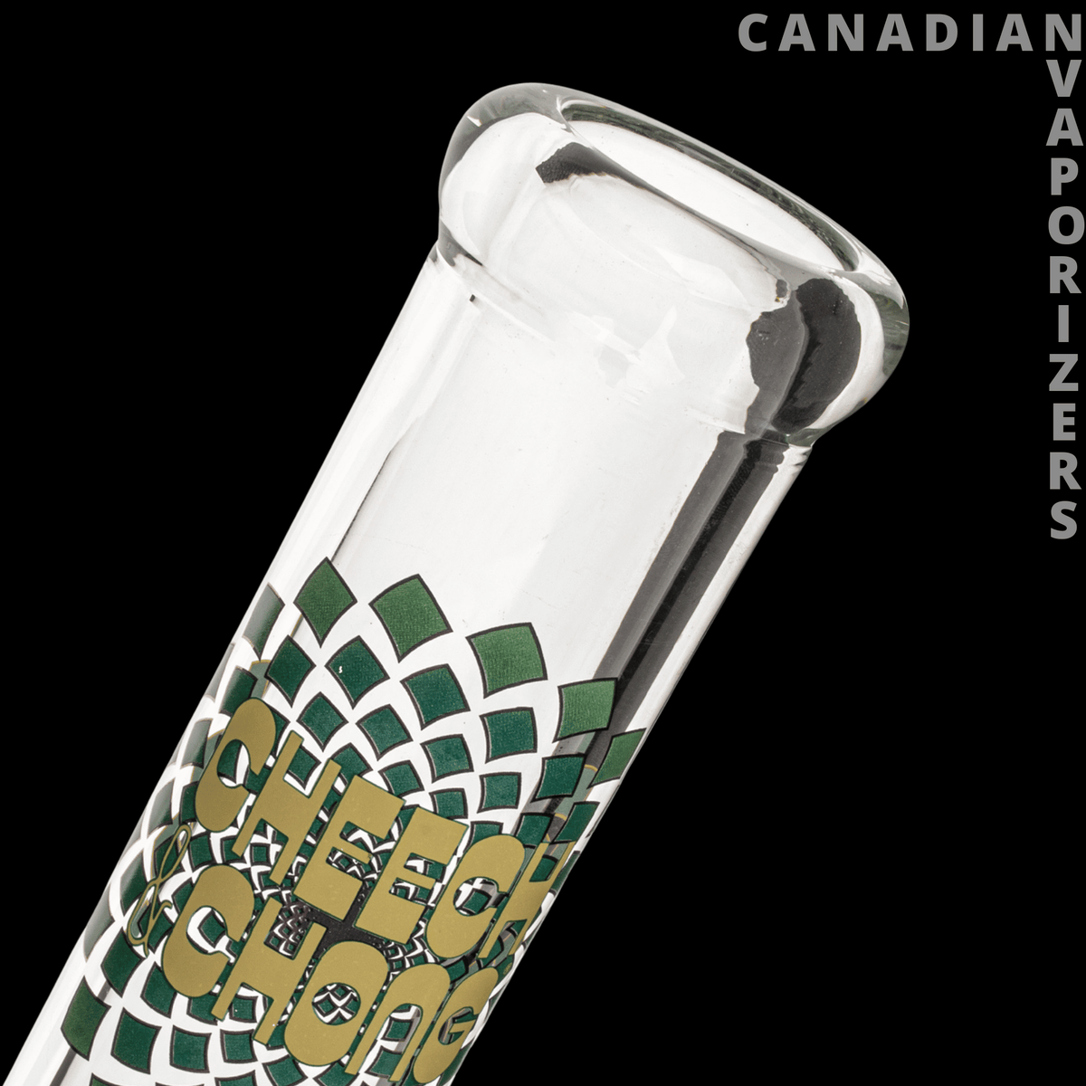 Cheech &amp; Chongs 15" 7mm Thick Fibonacci Beaker Base Water Pipe - Clear glass water pipe with a wide beaker base and green geometric pattern with gold lettering.