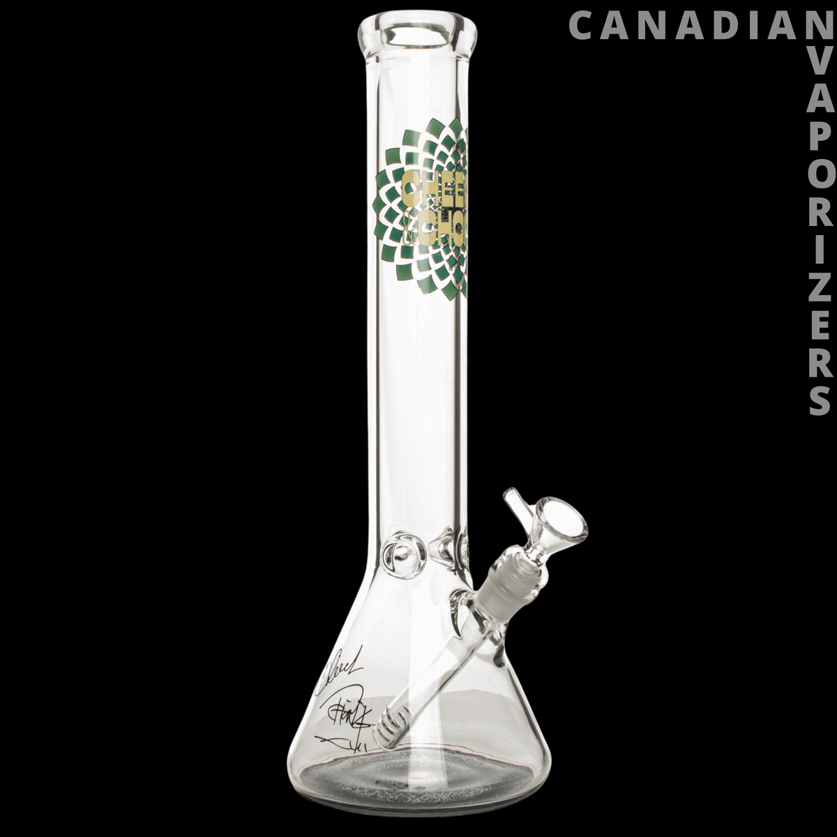 Cheech &amp; Chongs 15" 7mm Thick Fibonacci Beaker Base Water Pipe - Clear glass beaker water pipe with a green and gold geometric motif, angled bowl, and black base artwork.