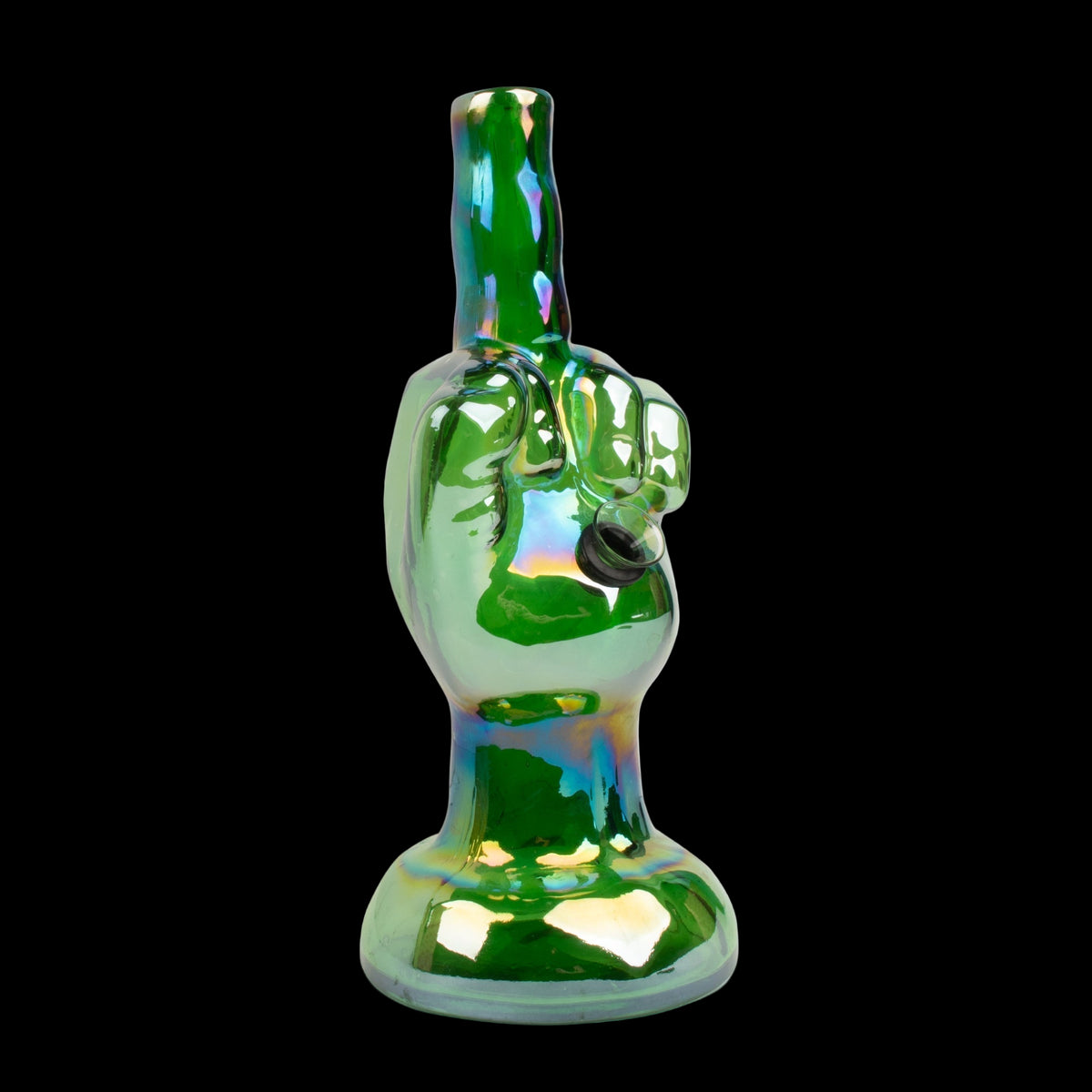 Retro Glass 10" Middle Finger Bong - Green glass bong shaped like a raised middle finger, with a flared round base and colorful accents.