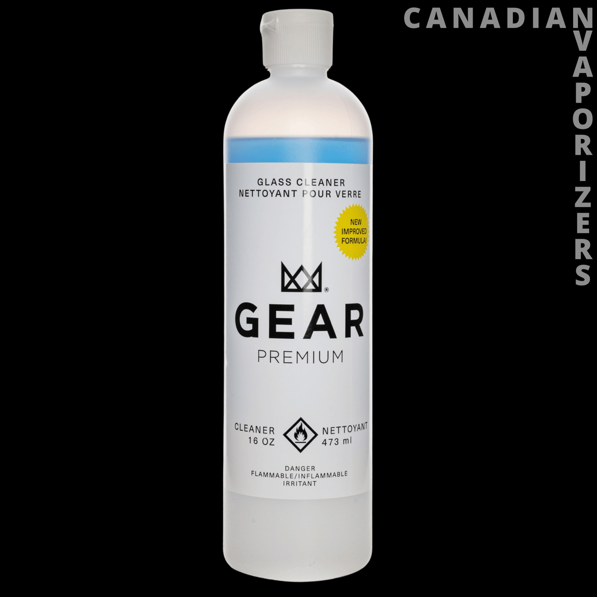 Gear Premium 1-Minute Instant Cleaner - White Gear Premium glass cleaner bottle with blue label and yellow 1-minute cleaning badge.