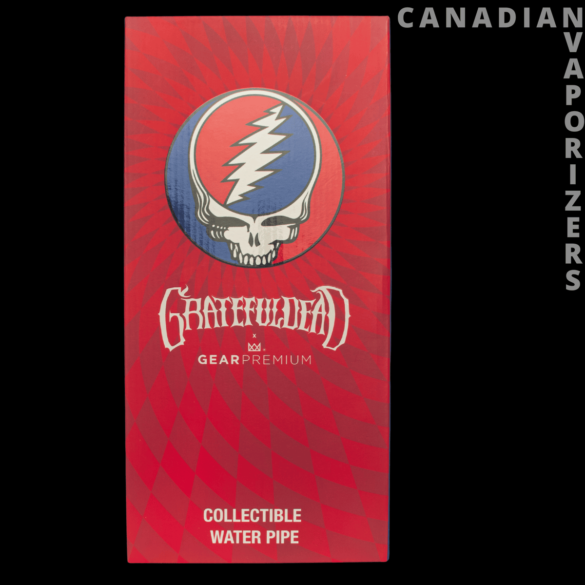 Gear Premium 10" Space Your Face Beaker Base Water Pipe - Red Grateful Dead Gear Premium water pipe packaging with a lightning skull emblem and geometric pattern.