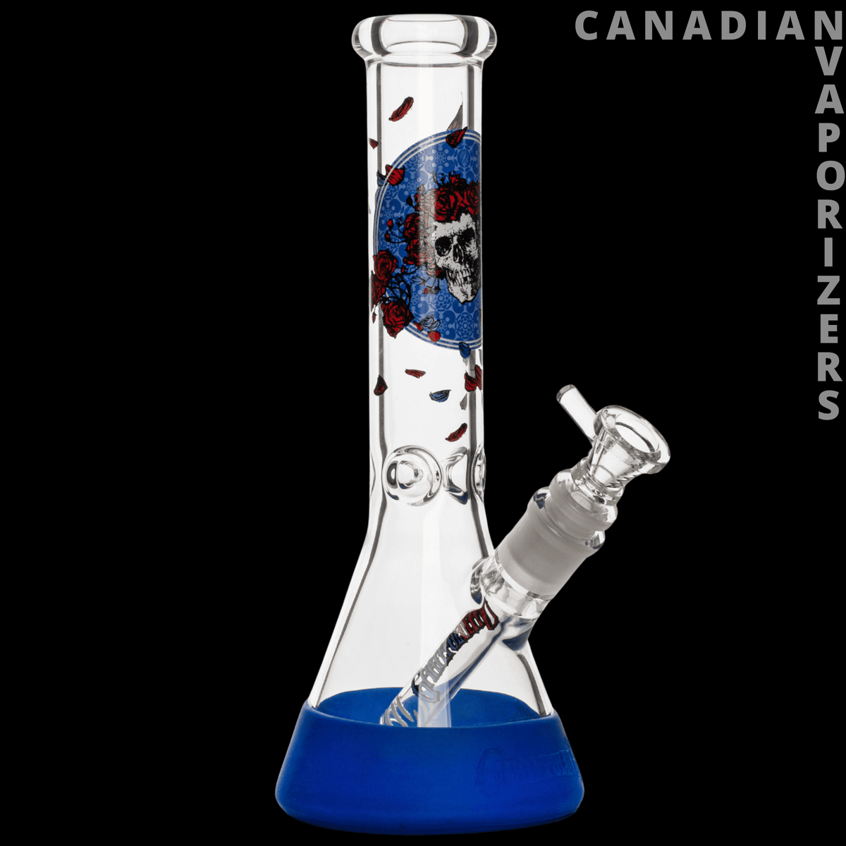 Gear Premium 10" Space Your Face Beaker Base Water Pipe - Clear glass beaker water pipe with a blue base, angled joint, and red, blue, and black graphic accents.