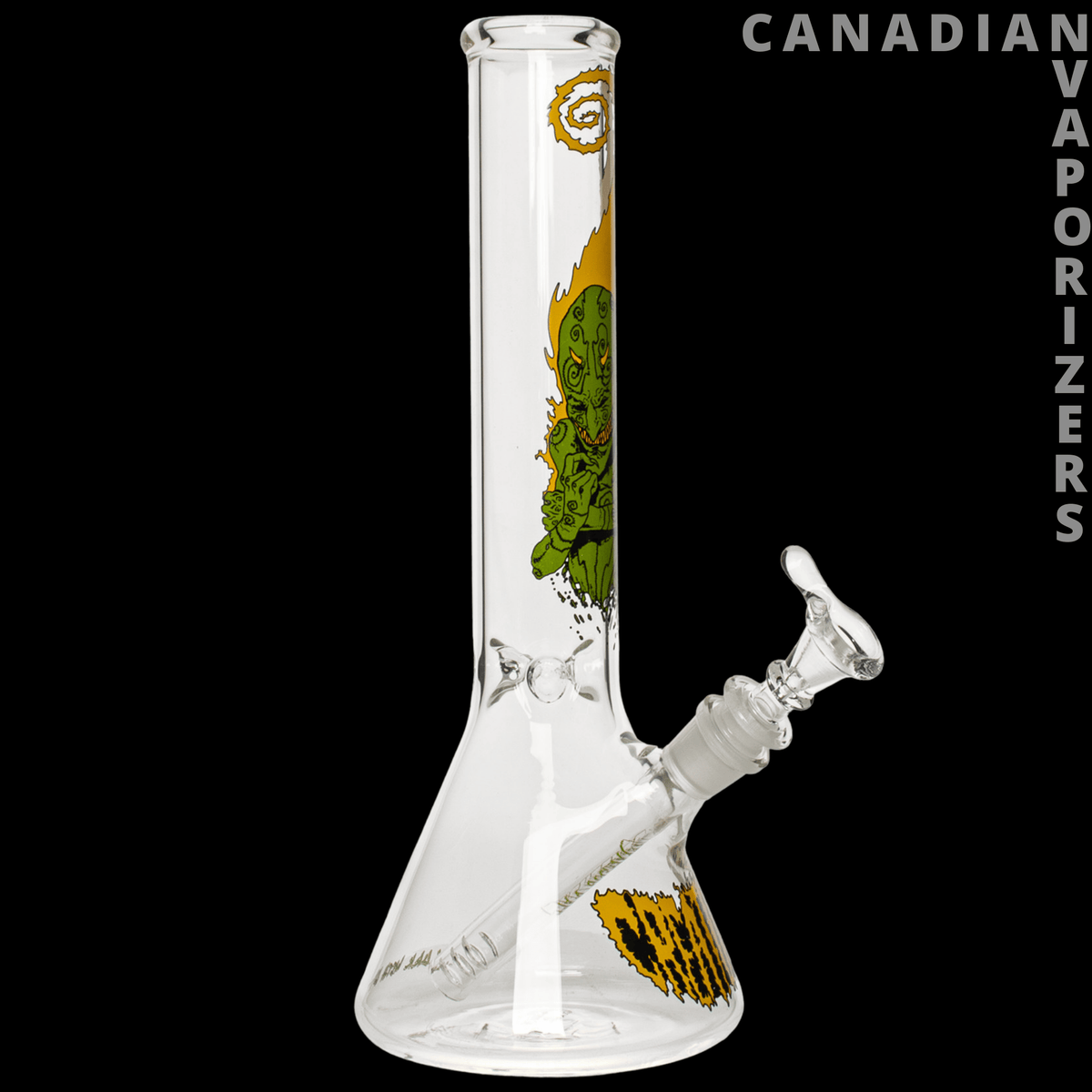 Gear Premium 12" Goblin Beaker Base Water Pipe *Creature - Clear 12-inch beaker water pipe with a white mouthpiece and green, yellow, and orange goblin artwork.